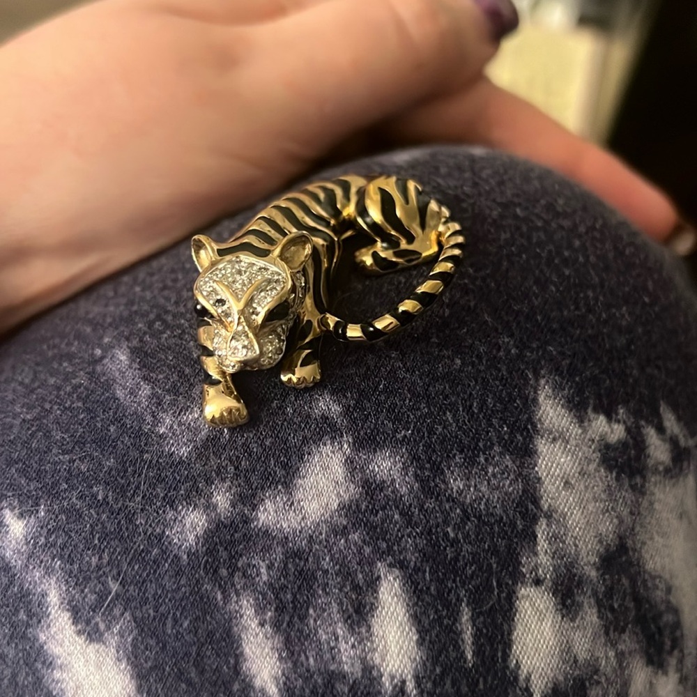 Panetta Vintage Gold Plated Rhinestone Black Enamel Tiger Pin